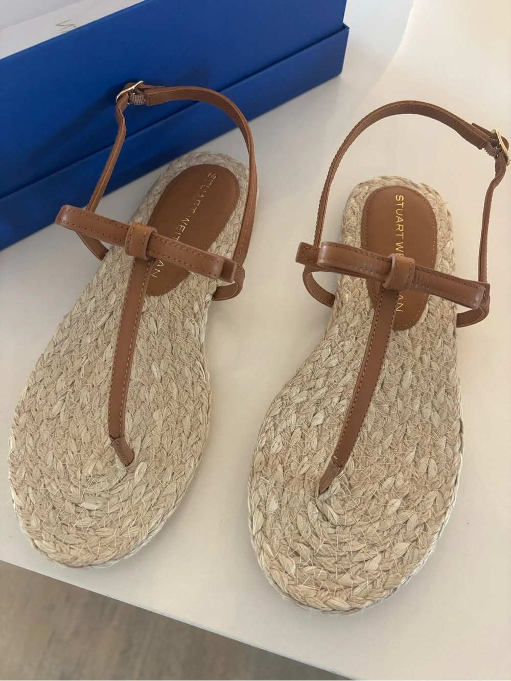 Stuart Weitzman Brown Leather T‑Strap Espadrille Sandals
